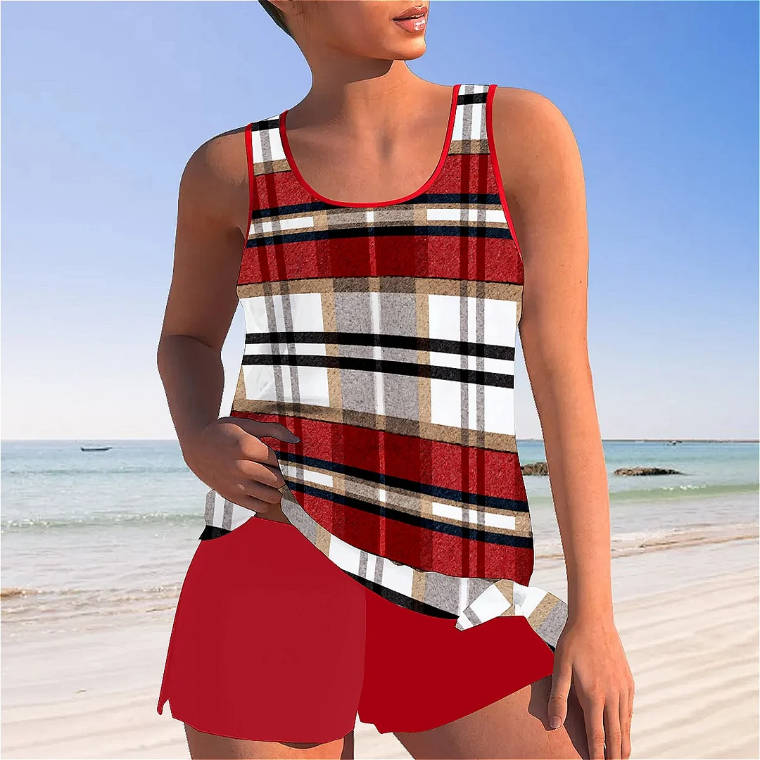 Bowknot Plaid,Red Mid Waisted Tankini Set - Plus Size Available