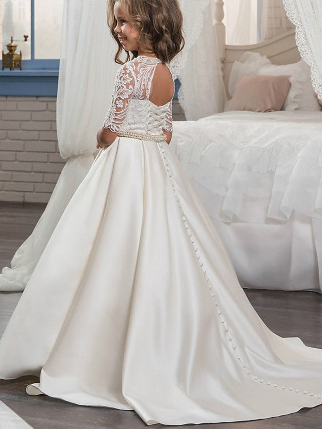Daisda Ball Gown Half Sleeve Jewel Neck Flower Girl Dresses Matte Satin With Embroidery Bandage