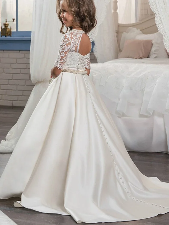 Daisda Ball Gown Half Sleeve Jewel Neck Flower Girl Dresses Matte Satin With Embroidery Bandage