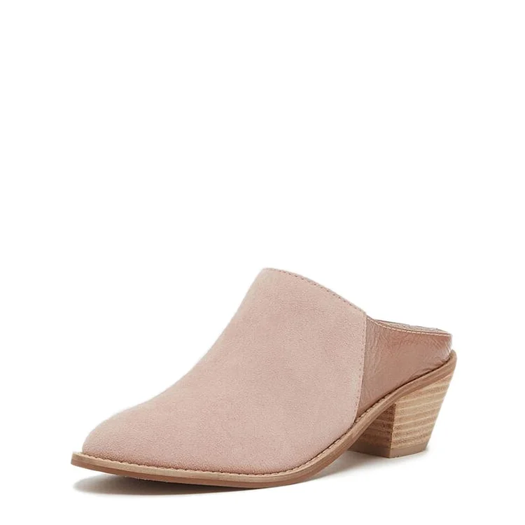 Women's Nude Round Toe Wood Block Heels Vegan Suede Mules Shoes |FSJ Shoes