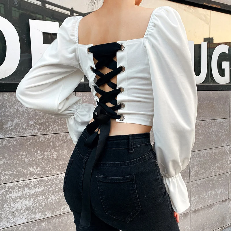 Abebey-Graduation gift, dressing for the Coachella Valley Music Festival,Belted Back Hollow Out Long Sleeve Square Collar Crop Tops