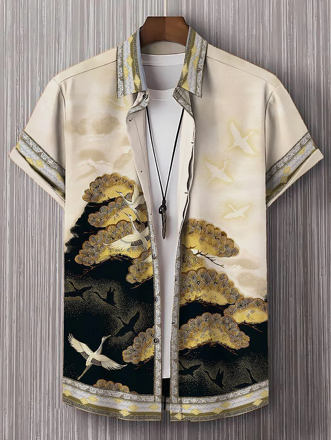 Men's Japanese Art Crane Print Short Sleeve Shirt