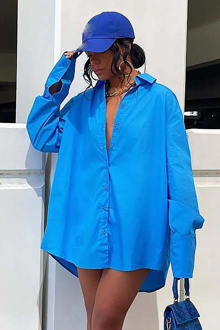 Solid Color Long Sleeve Turndown Collar Loose Fit Mini Shirt Dresses-Blue