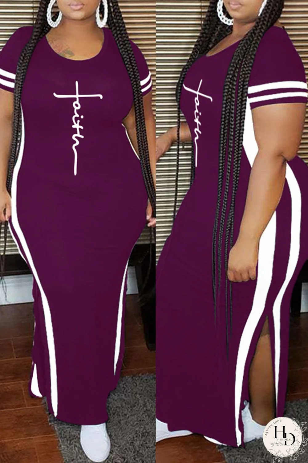 Purple Fashion Casual Plus Size Print Slit O Neck Short Sleeve Dress