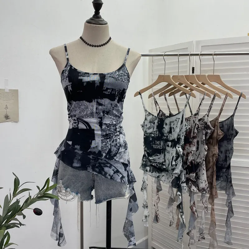 Brownm Solid Shooting Wasteland Style Personality Letter Tie-Dye Printing Mesh Sling Sling Babes Irregular Tuxedo Small Vest 9965