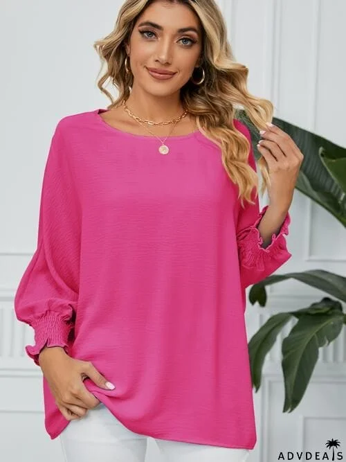 Smocked Lantern Sleeve Round Neck Blouse