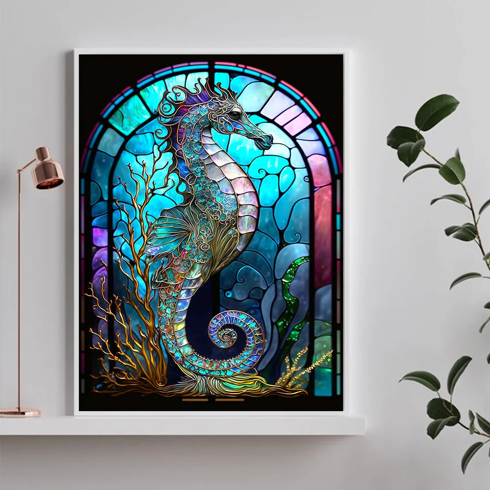 Partial AB Diamond Painting - Full Round Drill - Stained Glass Hippocampus(Canvas|35*45cm)