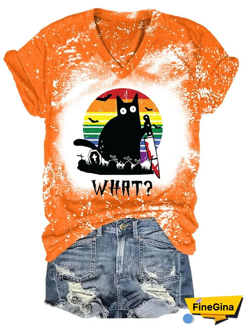 Women's Halloween Black Cat Print Short Sleeve T-Shirt