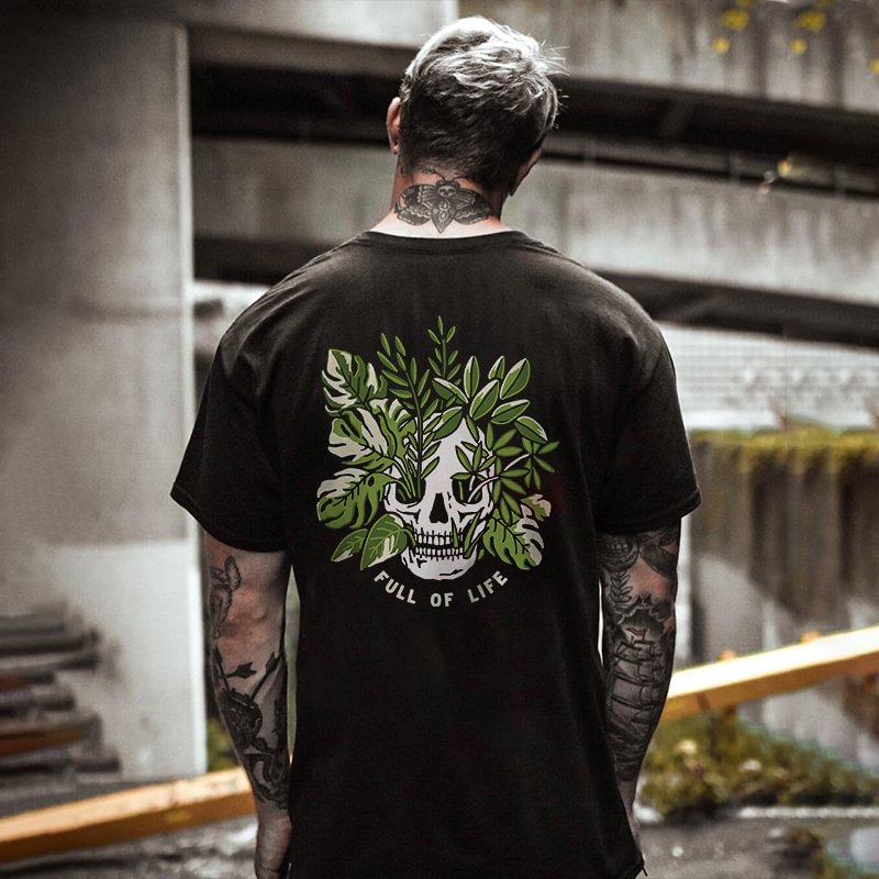 Full Of Life Skull Plant Printed Men's Black T-shirt -  UPRANDY