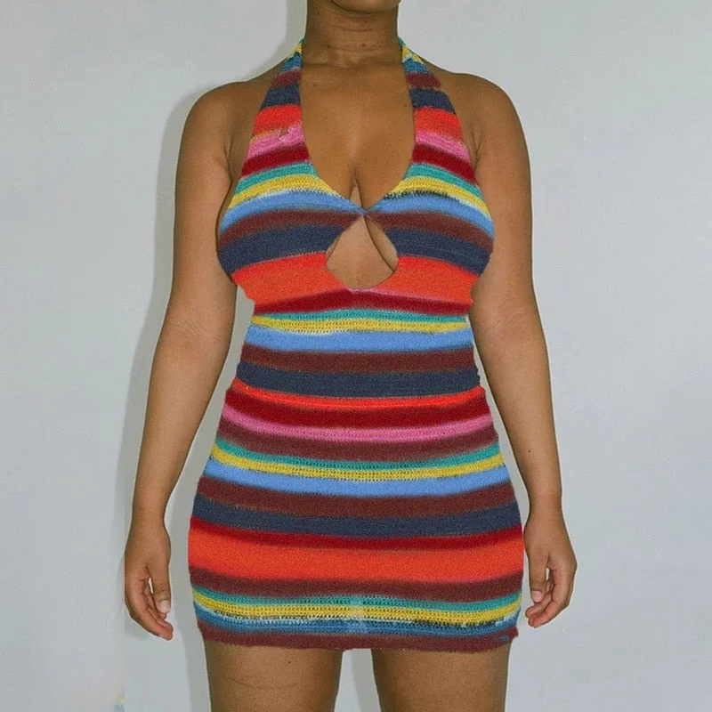 Beach Style Knitted Dress Chic Women Summer Sexy Backless Deep V-neck Halter Dress Y2K Streetwear Vacation Casual Vestido 1226