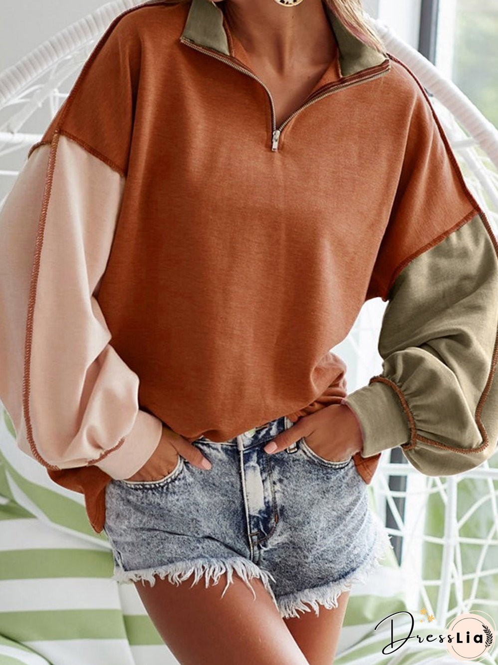Khaki Zippered V-Neck Color Block Sweatshirt