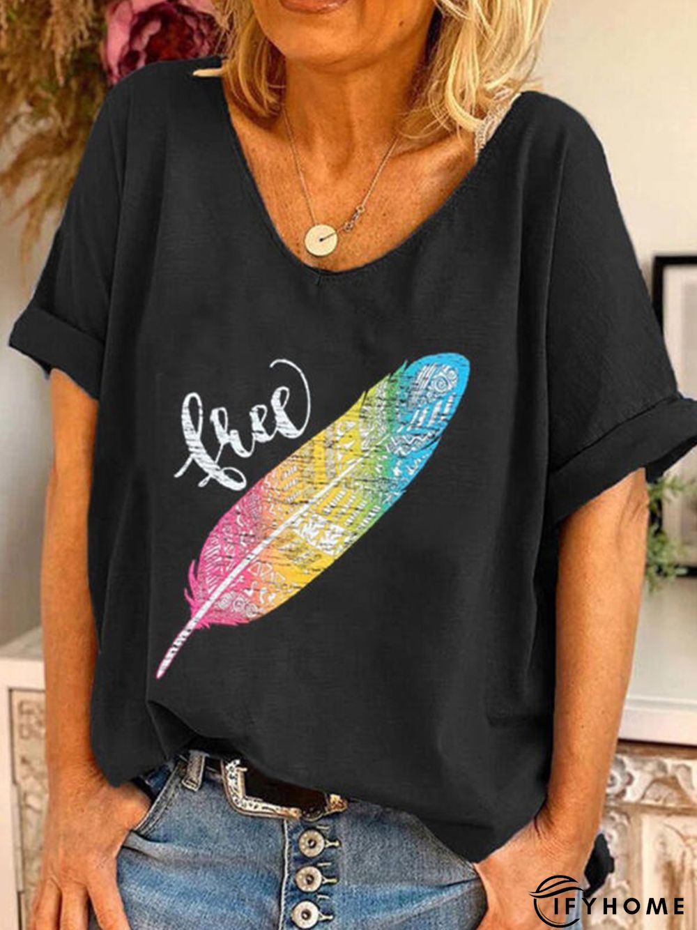 Black Leaves Printed Short Sleeve Shift Casual T-shirt | IFYHOME