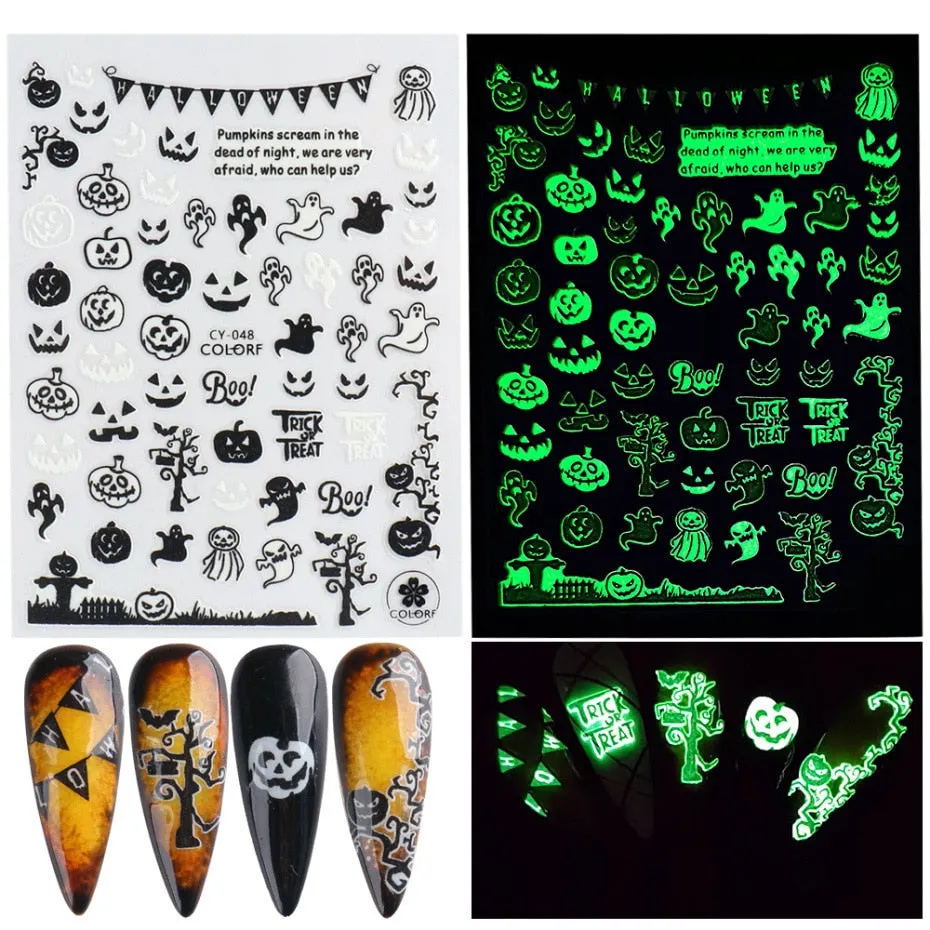 Nail Stickers Back Glue Fluorescent Light Halloween Pumpkin Imp Smiley Designs Nail Decal Decoration Tips For Beauty Salons-Nail Inspo