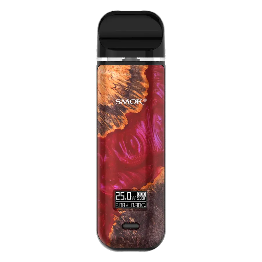 SMOK NOVO X 25W pod system in red wood resin finish, showing 25W output on OLED screen.