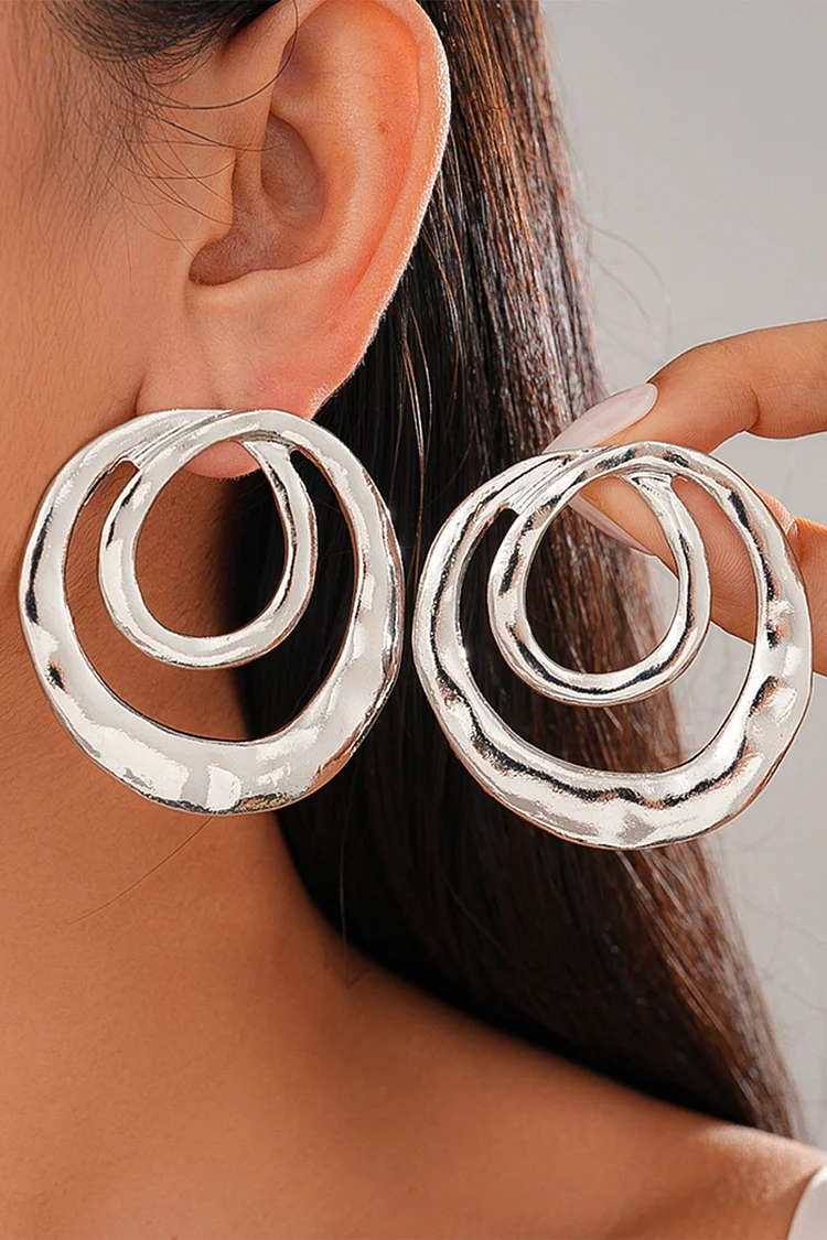 Casual Gold Metallic Sheen Double-Layered Round Hollow Earrings 2024 - Xpluswear