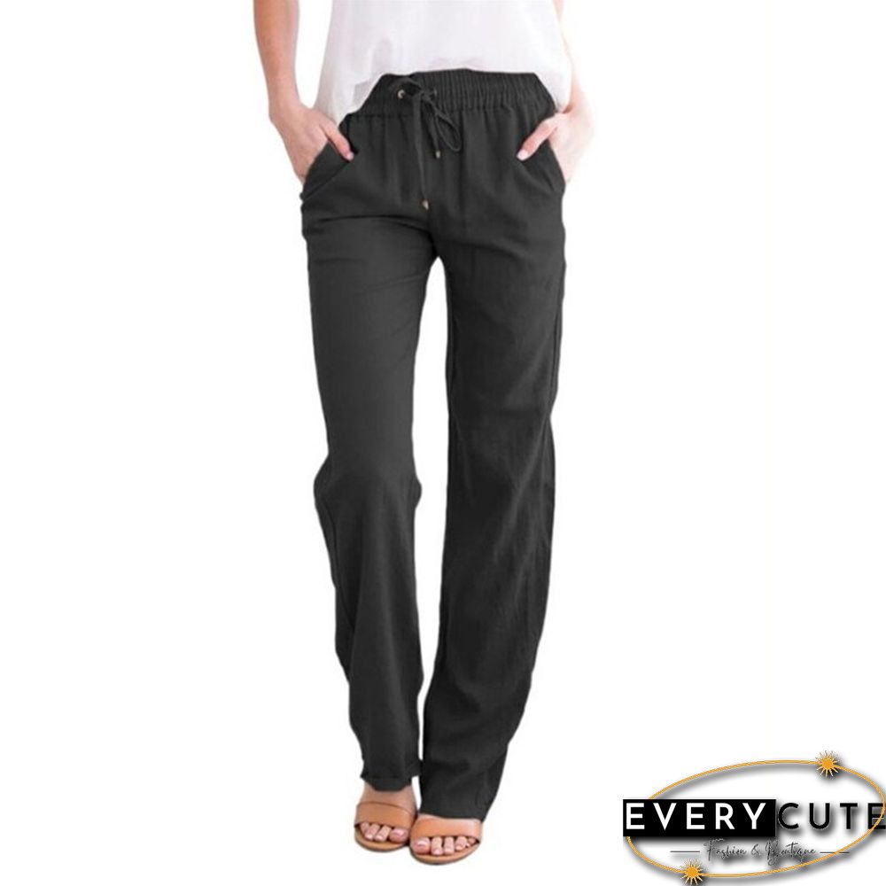 Summer Women's Cotton Linen Drawstring Loose Wide-Leg Pants Hot Sale Long Trousers With Pocket