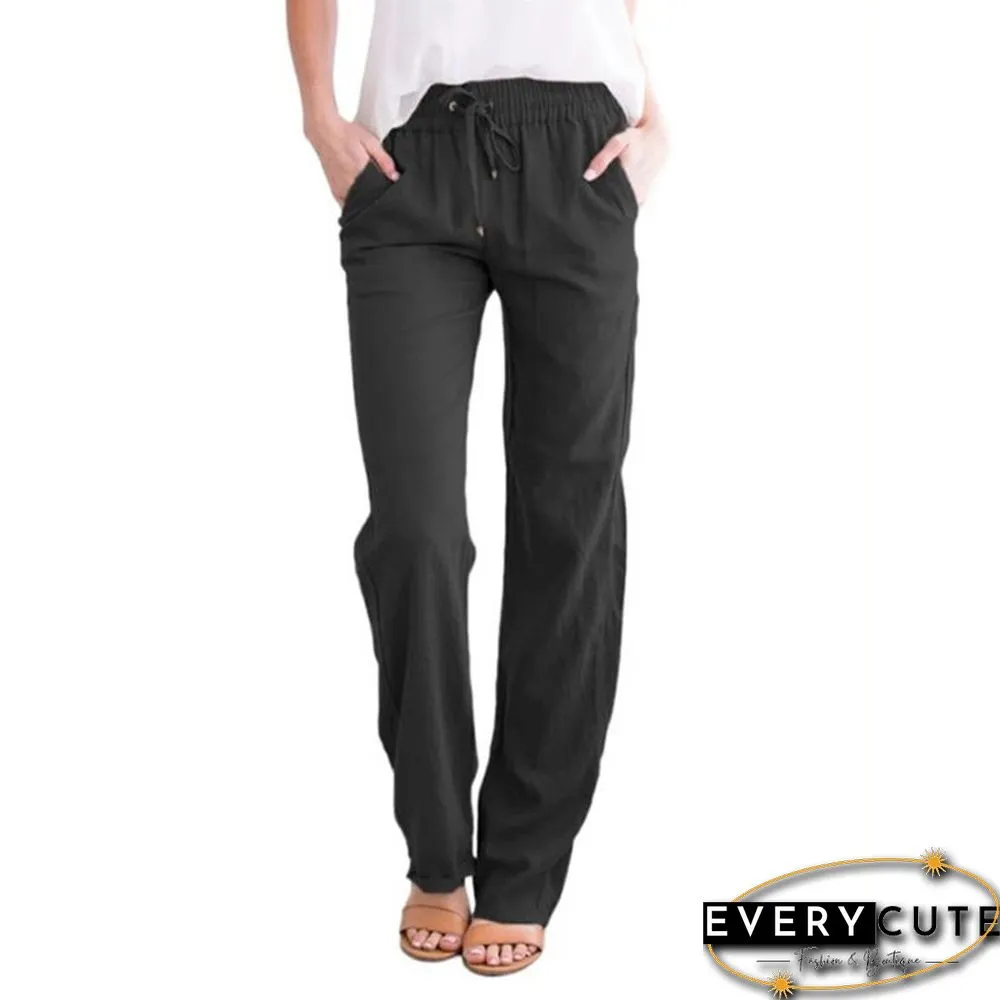 Summer Women's Cotton Linen Drawstring Loose Wide-Leg Pants Hot Sale Long Trousers With Pocket