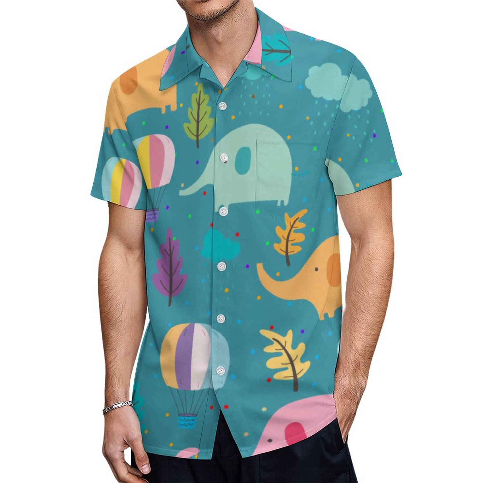 Rainbow Color Elephants Hot Air Balloons And Leaves Hawaiian Shirt Mens Button Down Plus Size Tropical Hawaii Beach Shirts