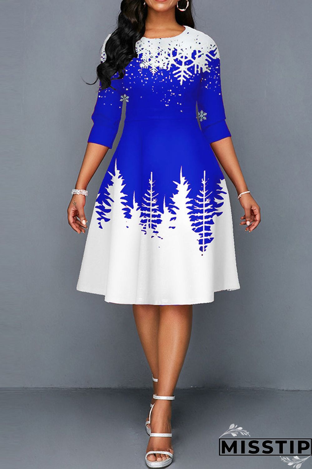 Blue Casual Print Patchwork O Neck A Line Dresses