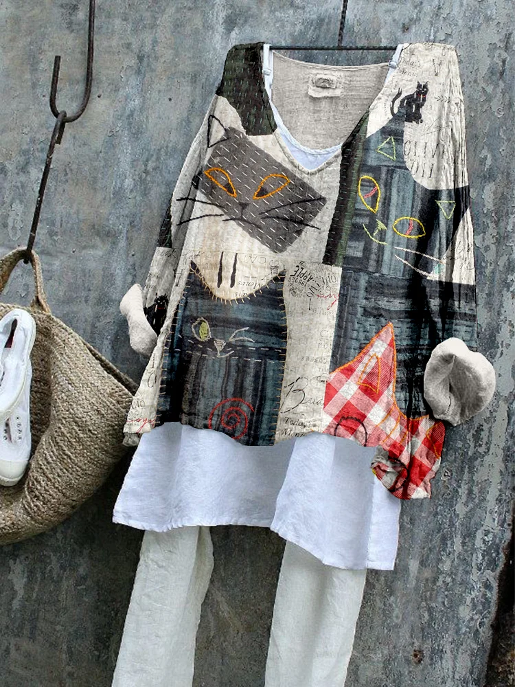 Cute Cat Japanese Art Patchwork Linen Blend Tunic
