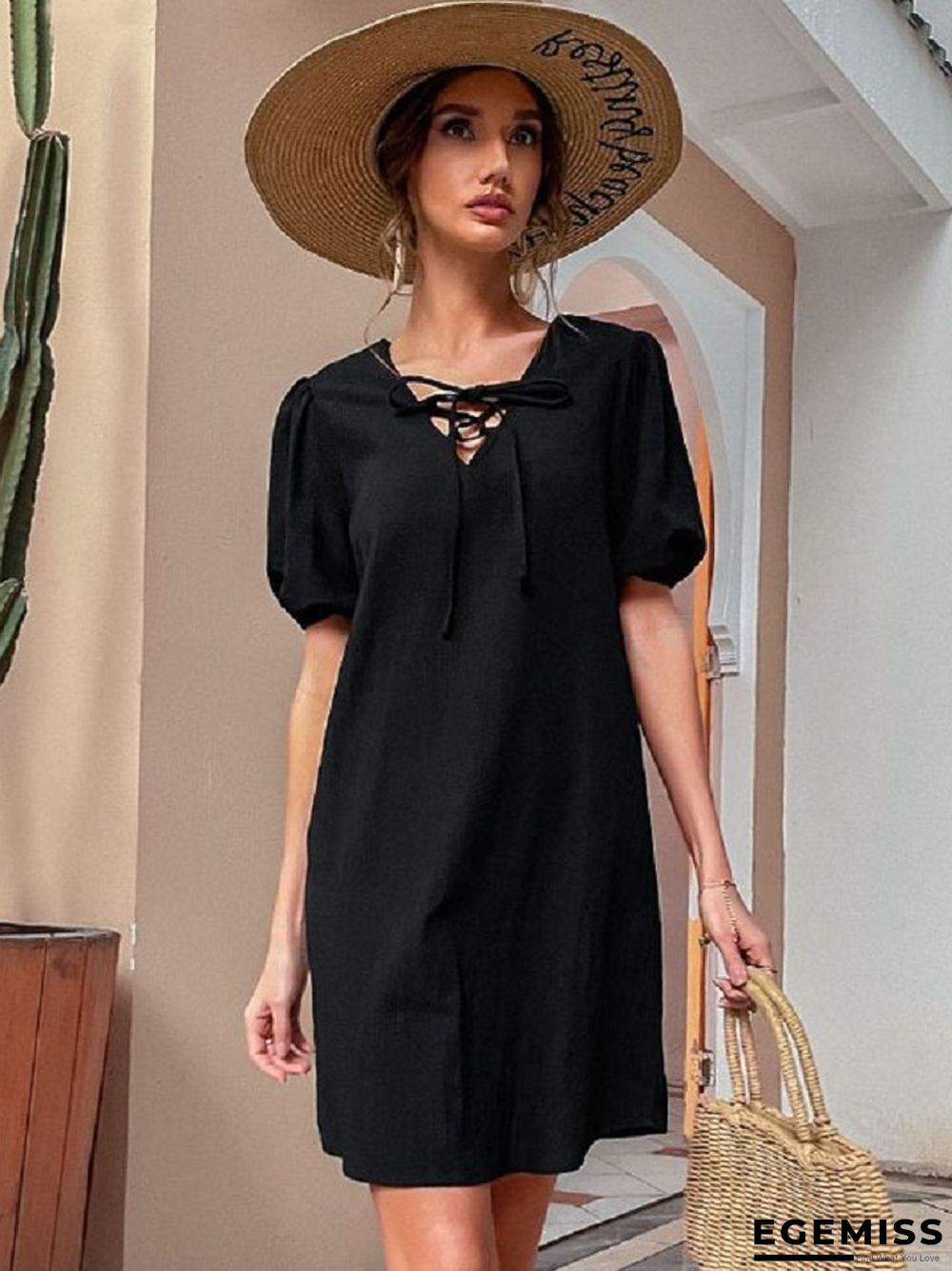 Casual Cotton and Linen Temperament Loose Strap Dress Black Dresses | EGEMISS