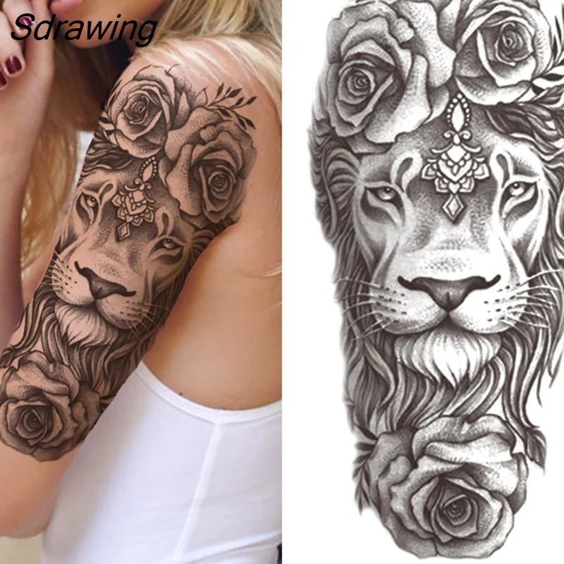 Sdrawing Tiger Temporary Tattoo For Men Women Fake Lion Half Sleeve Skull Tattoos Sticker Black Beast Flower Skeleton Tatoos Paste