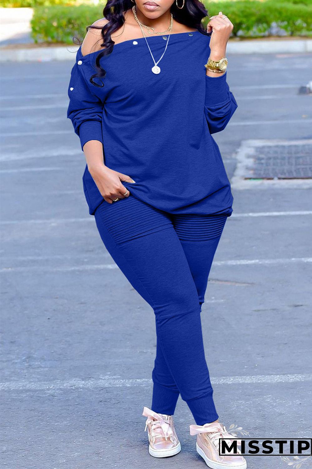 Blue Fashion Casual Solid Patchwork Oblique Collar Plus Size Two Pieces