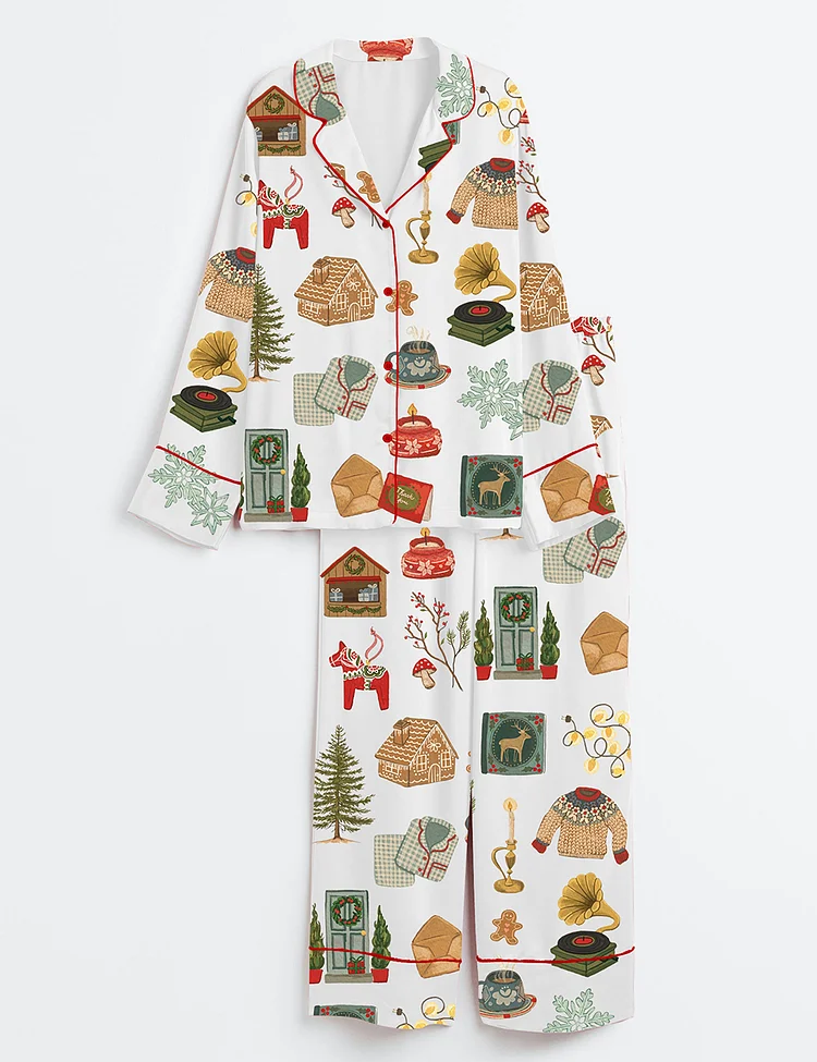 Women&rsquo;s Christmas Lights Cookies Winter Sweater Elk Snowflakes Hot Cocoa Christmas Decorations Christmas Trees Gifts Long Sleeve Satin Pajama Set