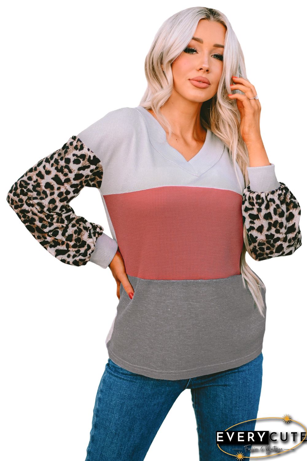 Red Wild Leopard Contrast Sleeve Colorblock Waffle Knit Top