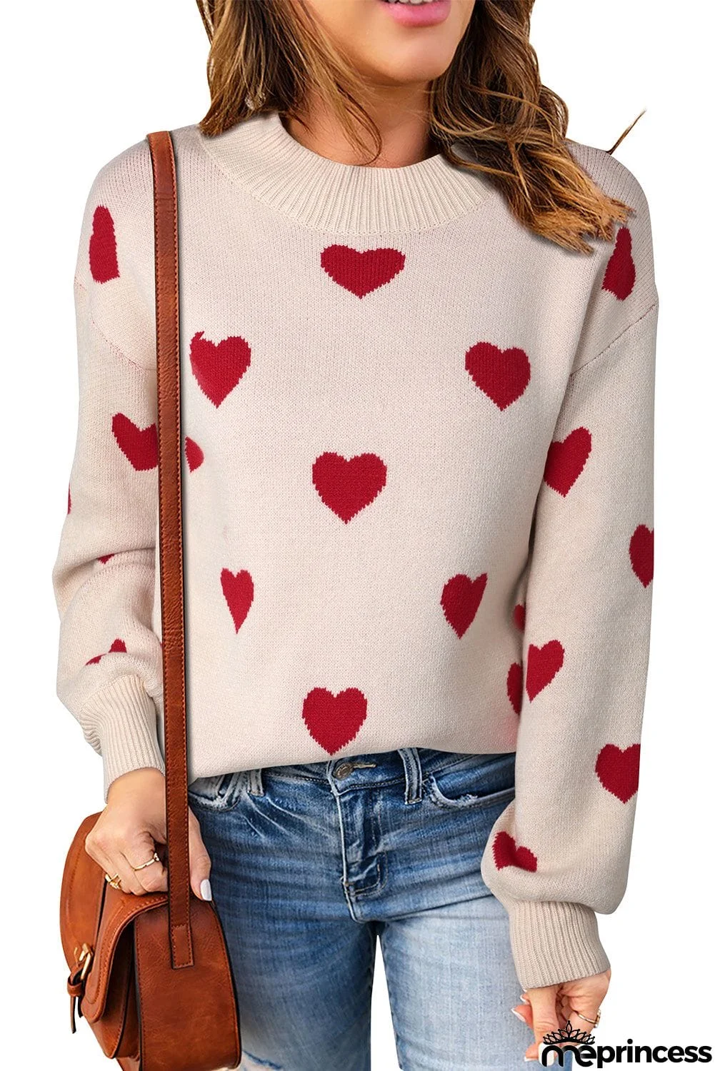 Heart Pattern Ribbed Trim Knit Sweater