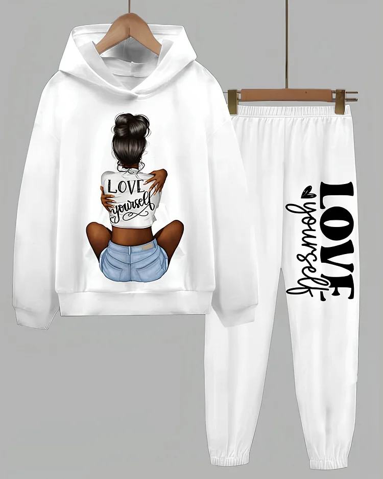 Women's Love Yourself Print Hoodie Casual Sweatpants Matching Set