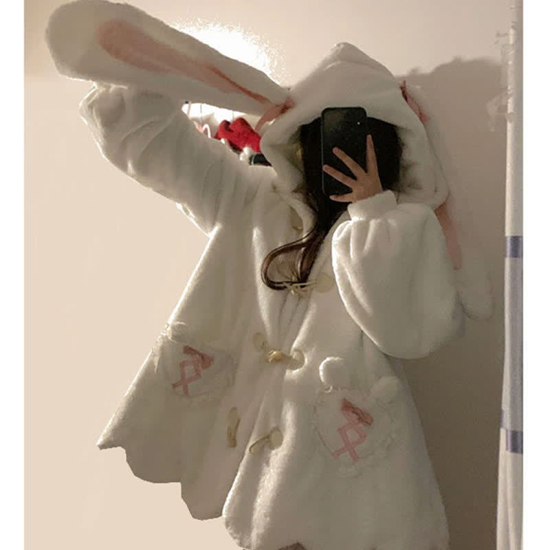 Kawaii Bunny Ears Velvet Loose Hooded Coat Outerwear