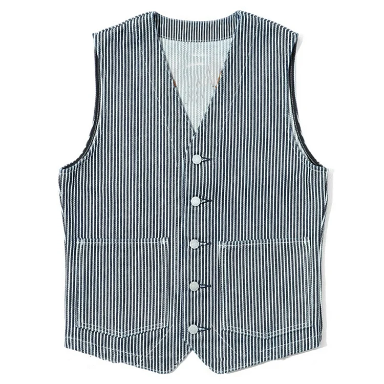 Vintage Striped Denim Single-Breasted Vest