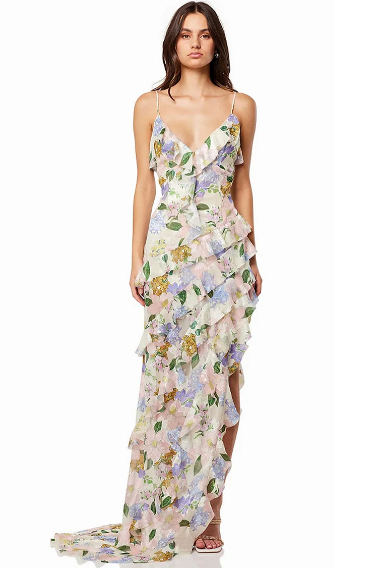 Semi Formal Pink Organza Floral Print Tiered Ruffle Asymmetrical Cami Maxi Dress
