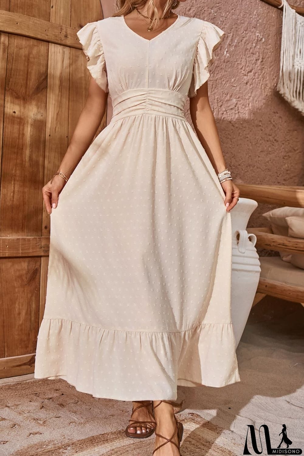 MidiSono - Swiss Dot V-Neck Flutter Sleeve Dress