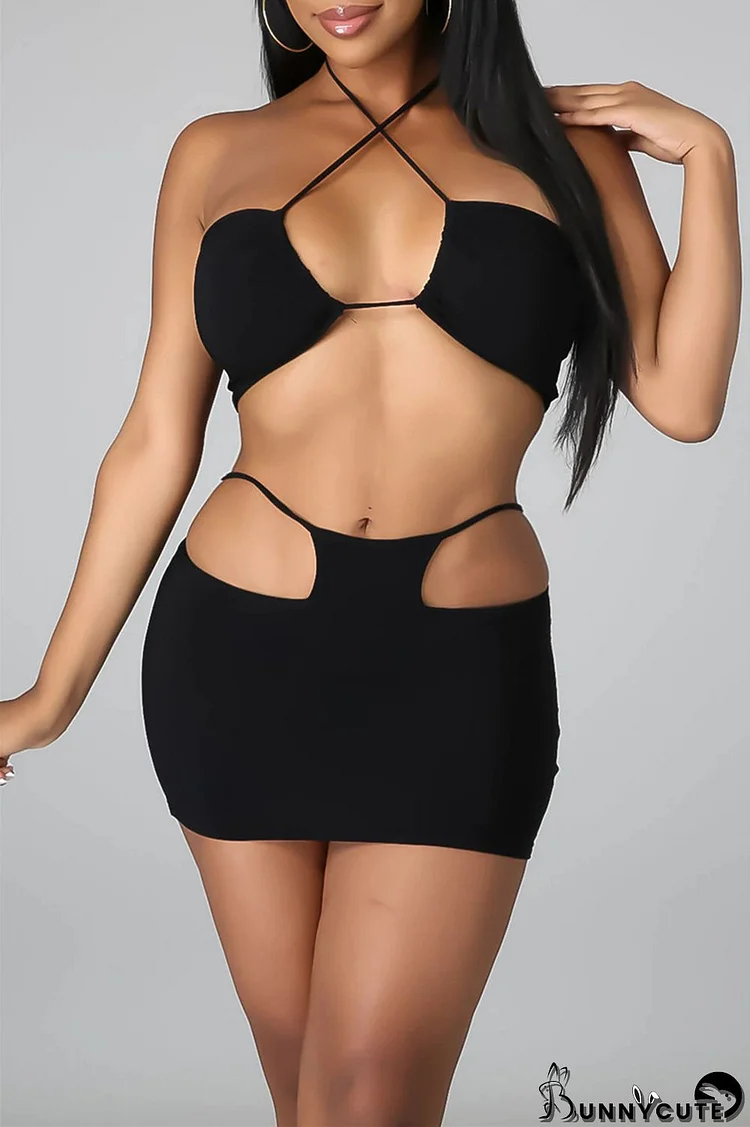 Black Fashion Sexy Solid Hollowed Out Backless Halter Sleeveless Two Pieces