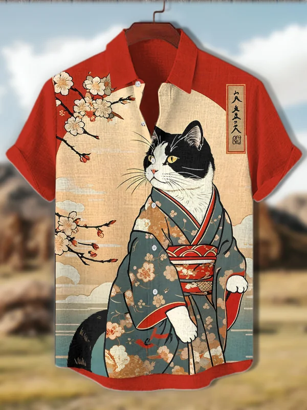 Men's Kimono Cat Cherry Blossom Japanese Art Print Casual Shirt