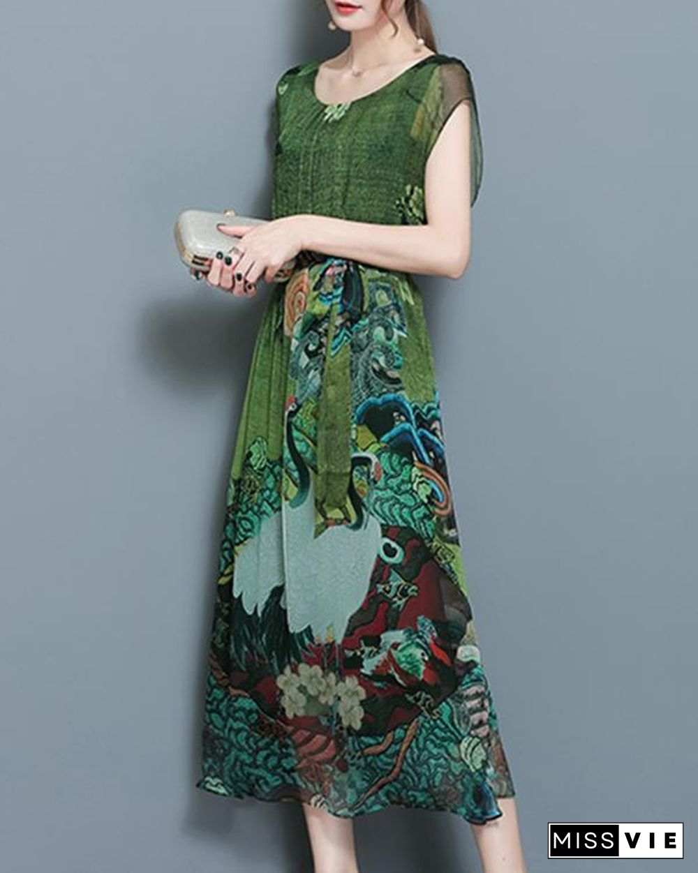 Women Vintage Printed Short Sleeve Mid-Long Dresses