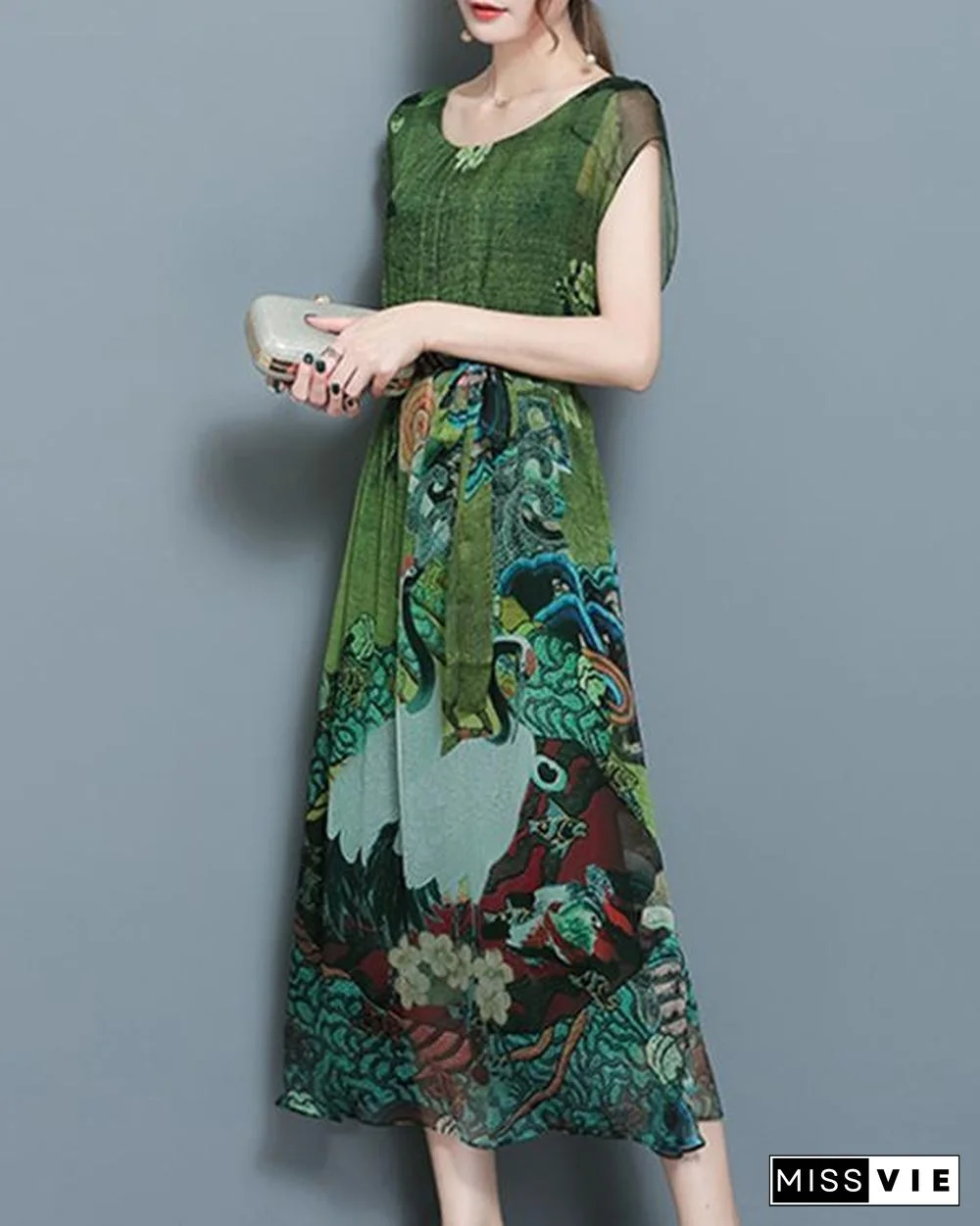 Women Vintage Printed Short Sleeve Mid-Long Dresses
