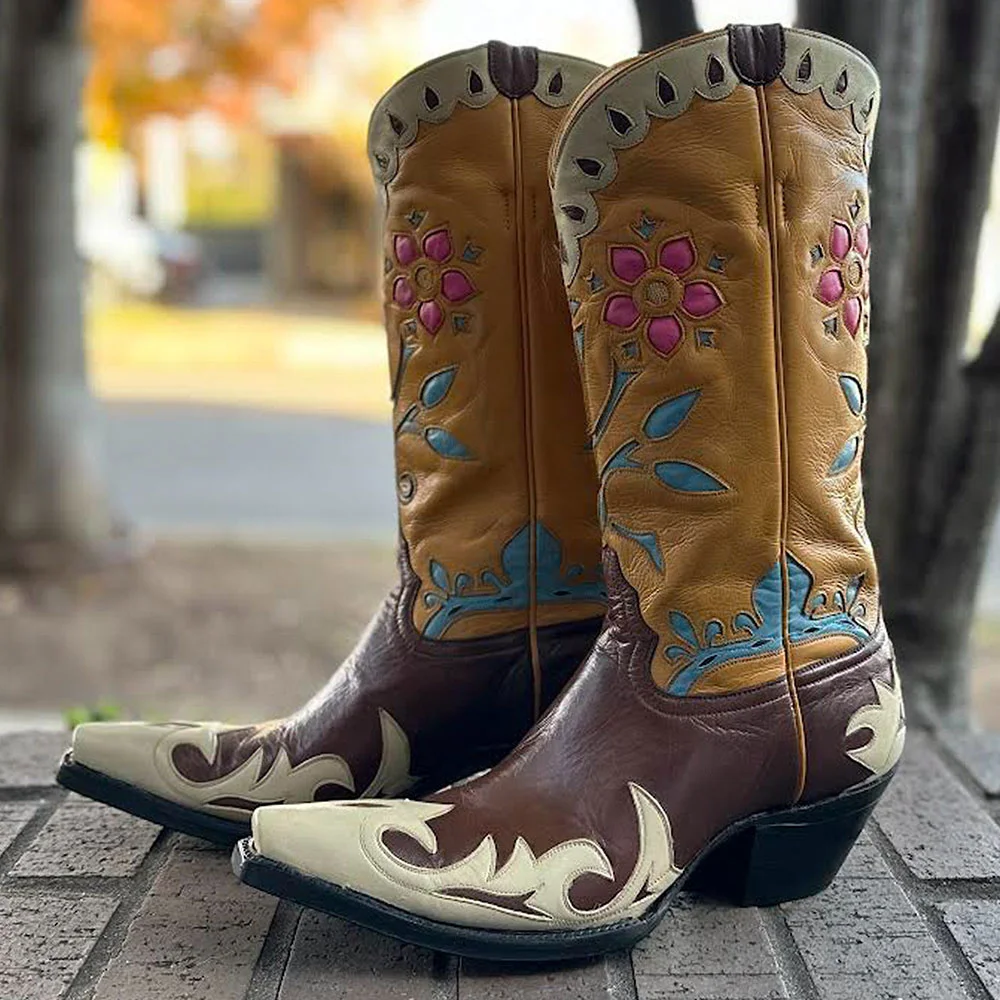 Multicolor Snip Toe Chunky Heel Flower Inlay Western Boots for Women