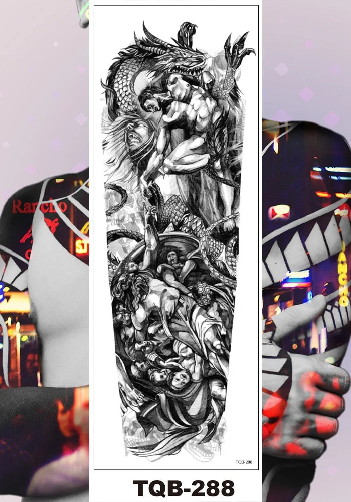 Full Flower Arm Temporary Tattoo Sticker Man Woman Body Leg Fake Tatoo Skull Night Demon Grim Reaper Good and Evil Waterproof