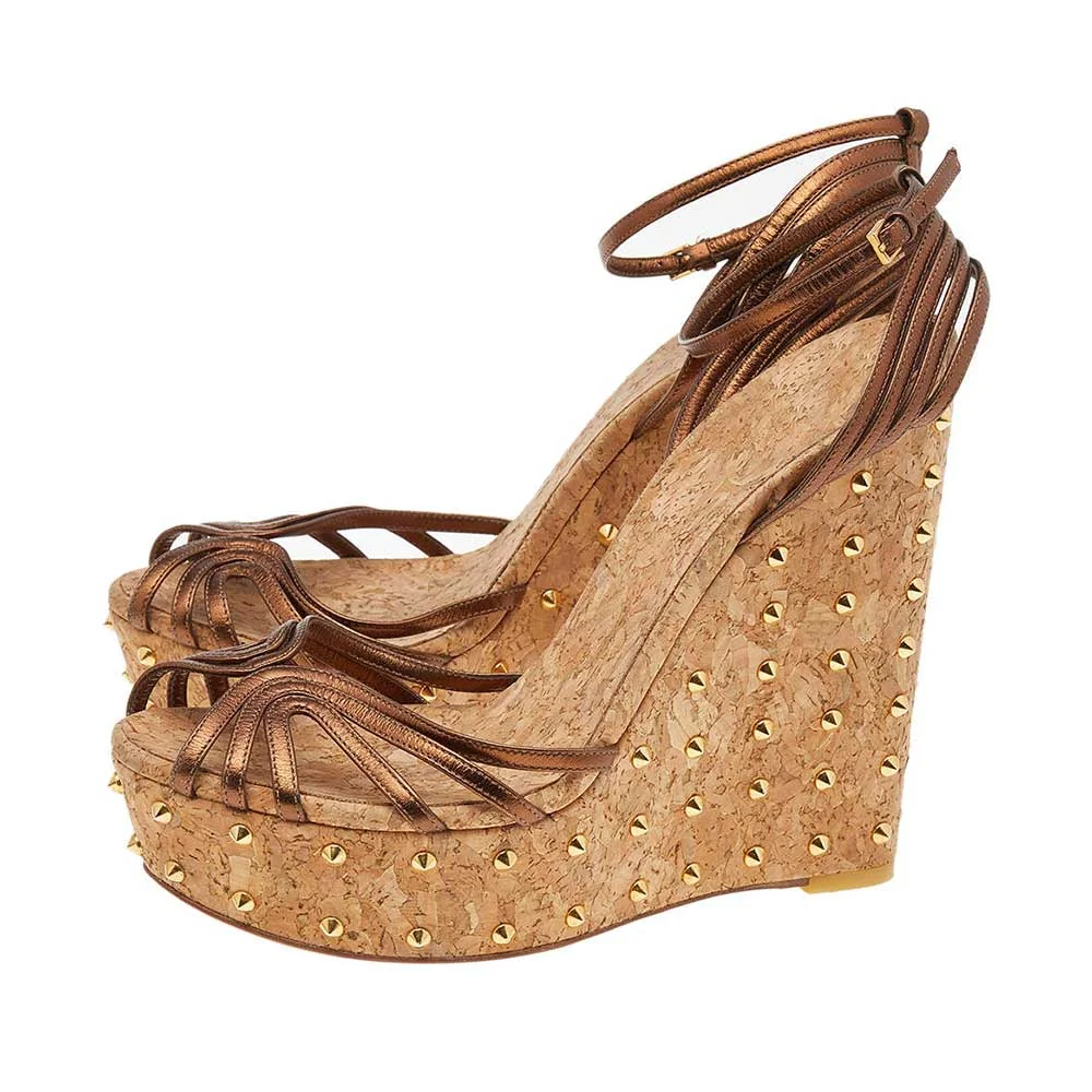 Brown Open Round Toe Strappy Platform Wedge Sandals with Studs