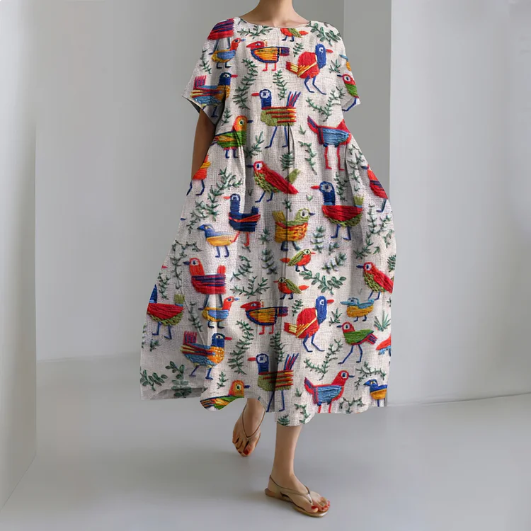 Funny Farm Forest Boho Bird Embroidery Art Pattern Linen Blend Dress