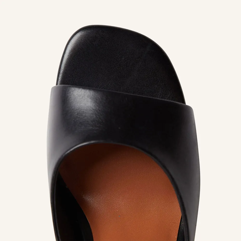 Black Vegan Leather Open Square Toe Chunky Heel Slide Sandals