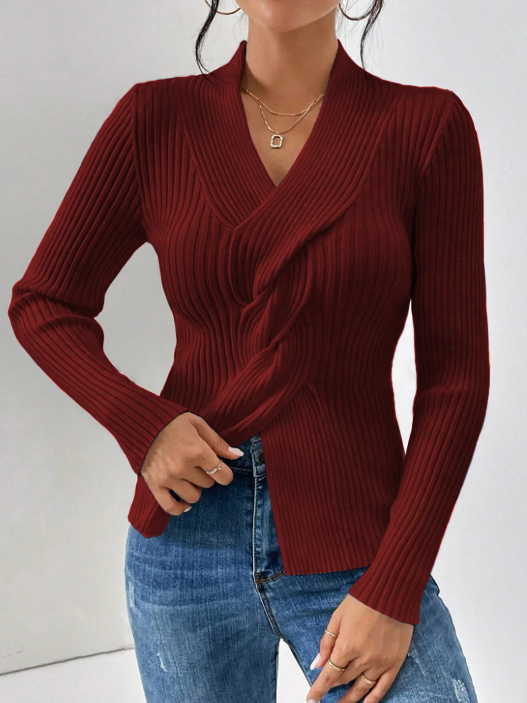 Nigikala Nigikala Women's Knitwear Fashion Temperament Thread Under The Fork Long Sleeve Solid Color Sweater