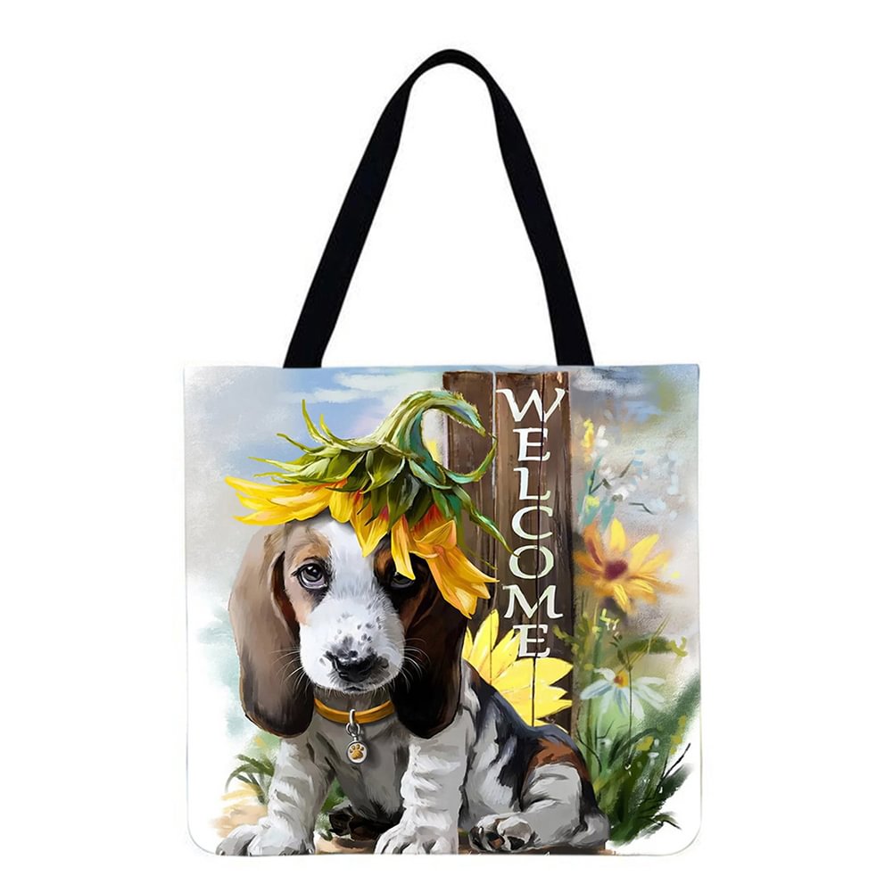 Linen Tote Bag-Dog and sunflower