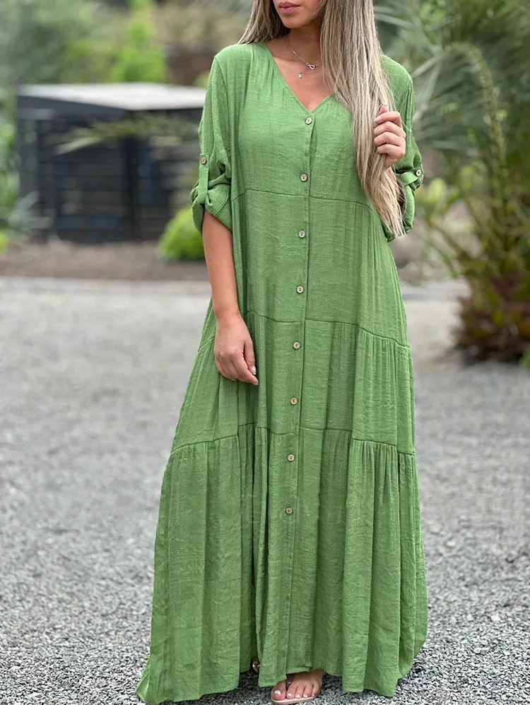 V Neck Roll Tab Solid Color Tiered Maxi Dress