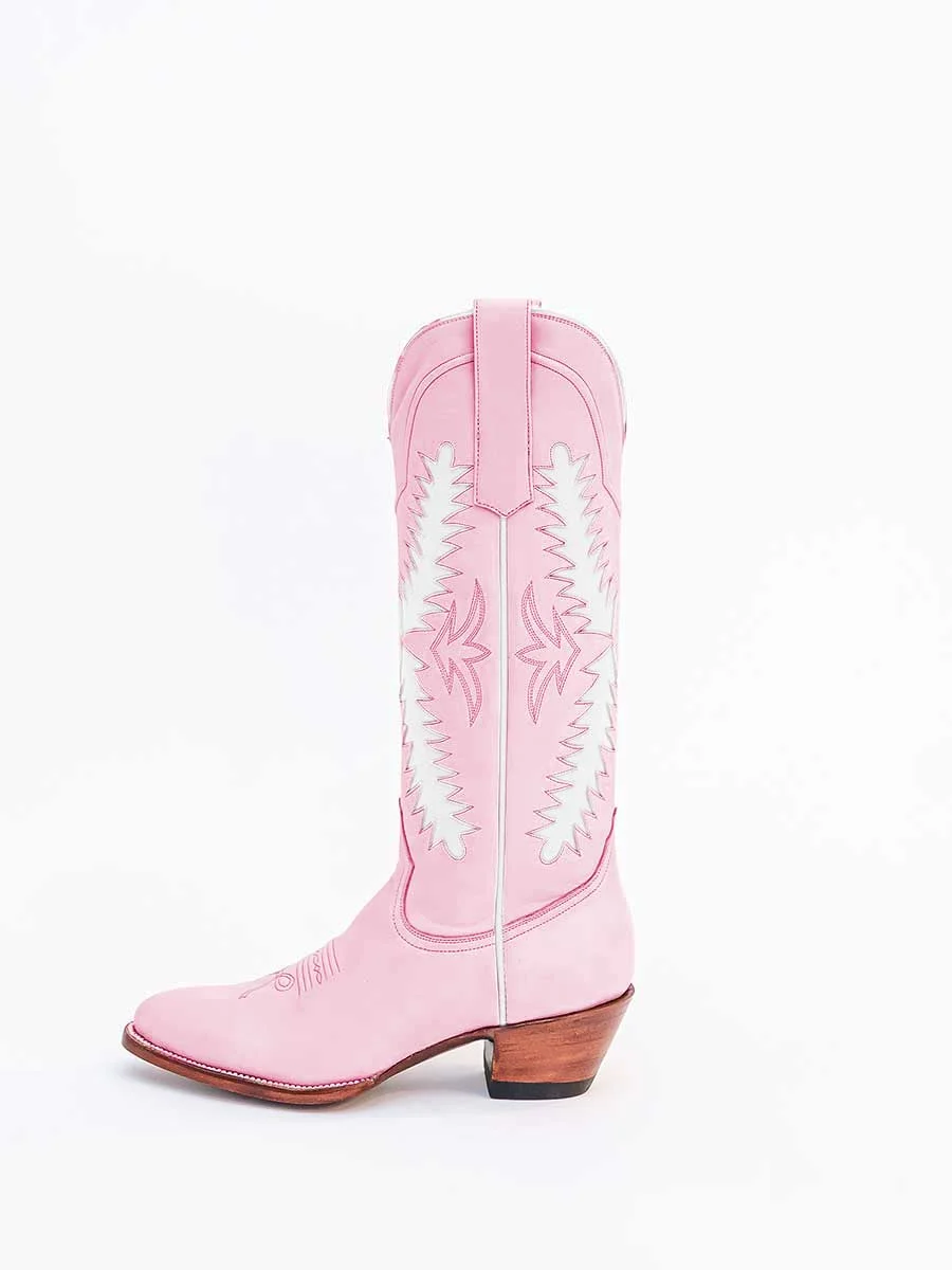 Women's Pink & White Chunky Heel Knee Embroidered Cowgirl Boots