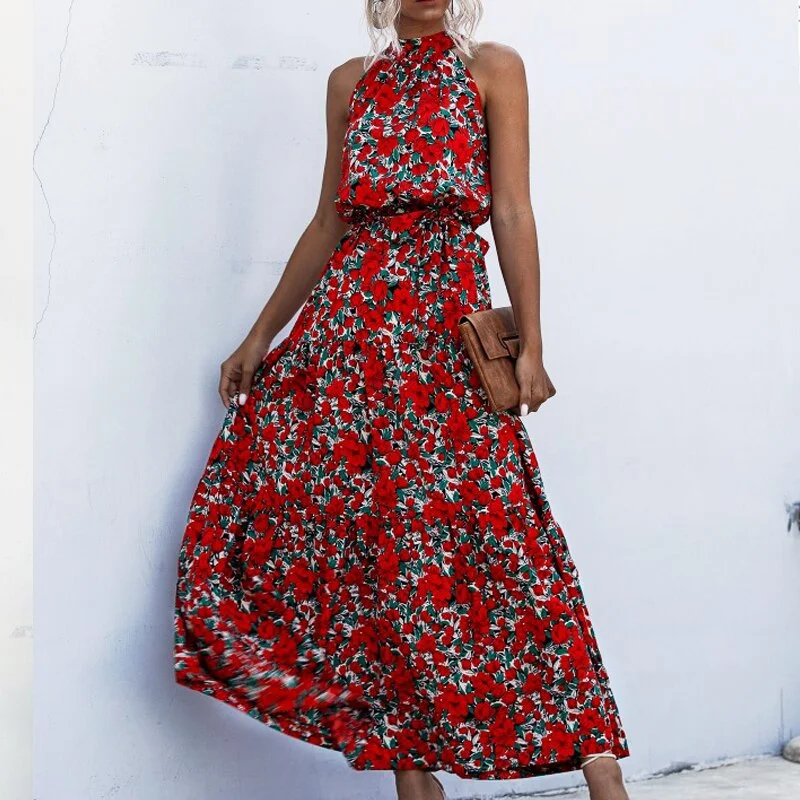 2021 Summer New Elegant Sexy beach long Dress Women Fashion Print Flowers Polka-dot Ladies Halter boho dress women vestidos