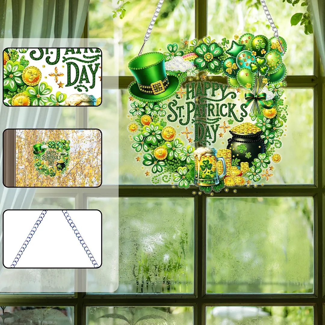 St Patricks Wreath DIY 2D Flat Acrylic Diamond Painting Kits 5D Diamond Art Painting Window Pendants for Home Garden Wall Decoration